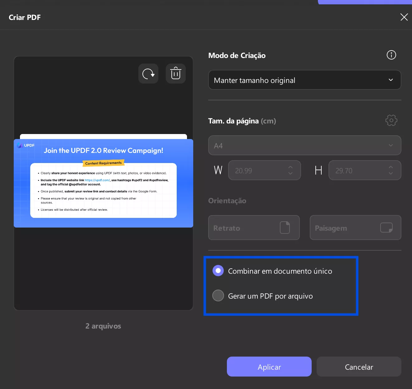 combinar ou gerar pdf por arquivo