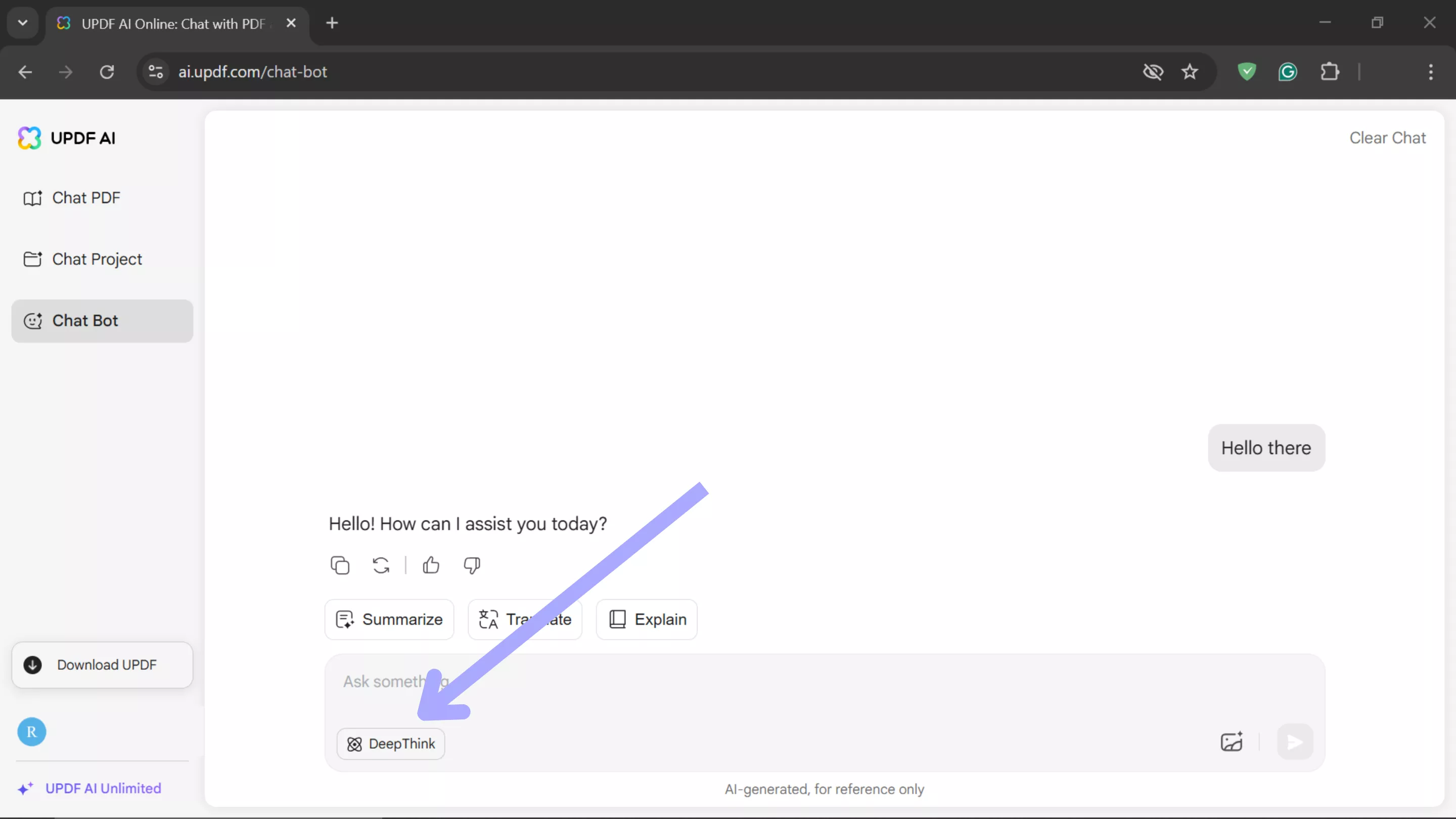 enable deepseek with updf ai online in chatbot