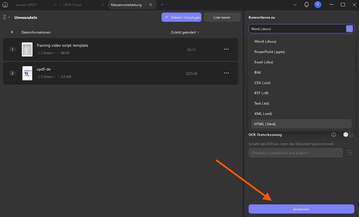 Auf „Anwenden“ klicken, um die Konvertierung durchzuführen.