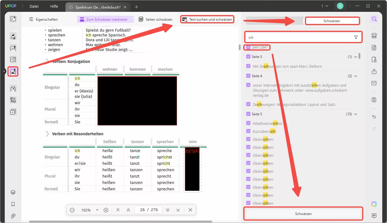 die Such- und Schwärzungsfunktion