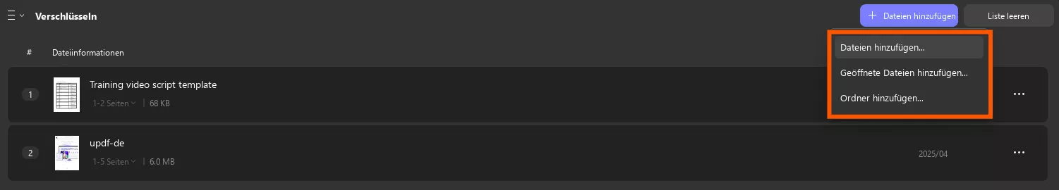 Dateien importieren, um sie stapelweise zu verschlüsseln updf windows 2
