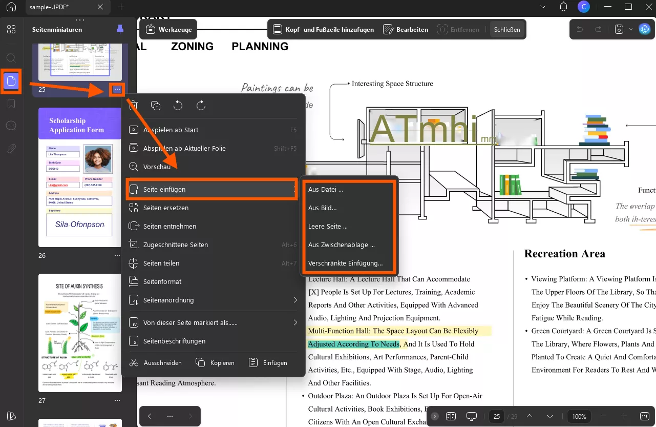 Seiten in Miniaturansicht-PDF-windows einfügen