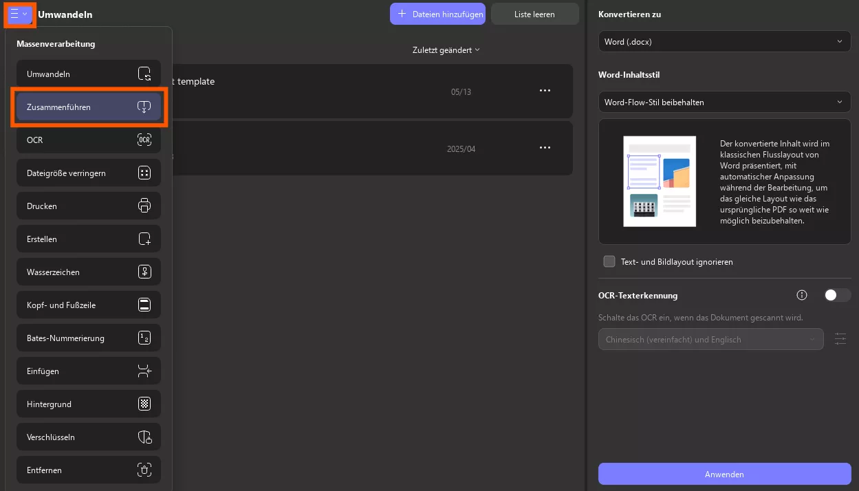 Option zum Zusammenführen von Stapeln in Updf Windows 2 suchen