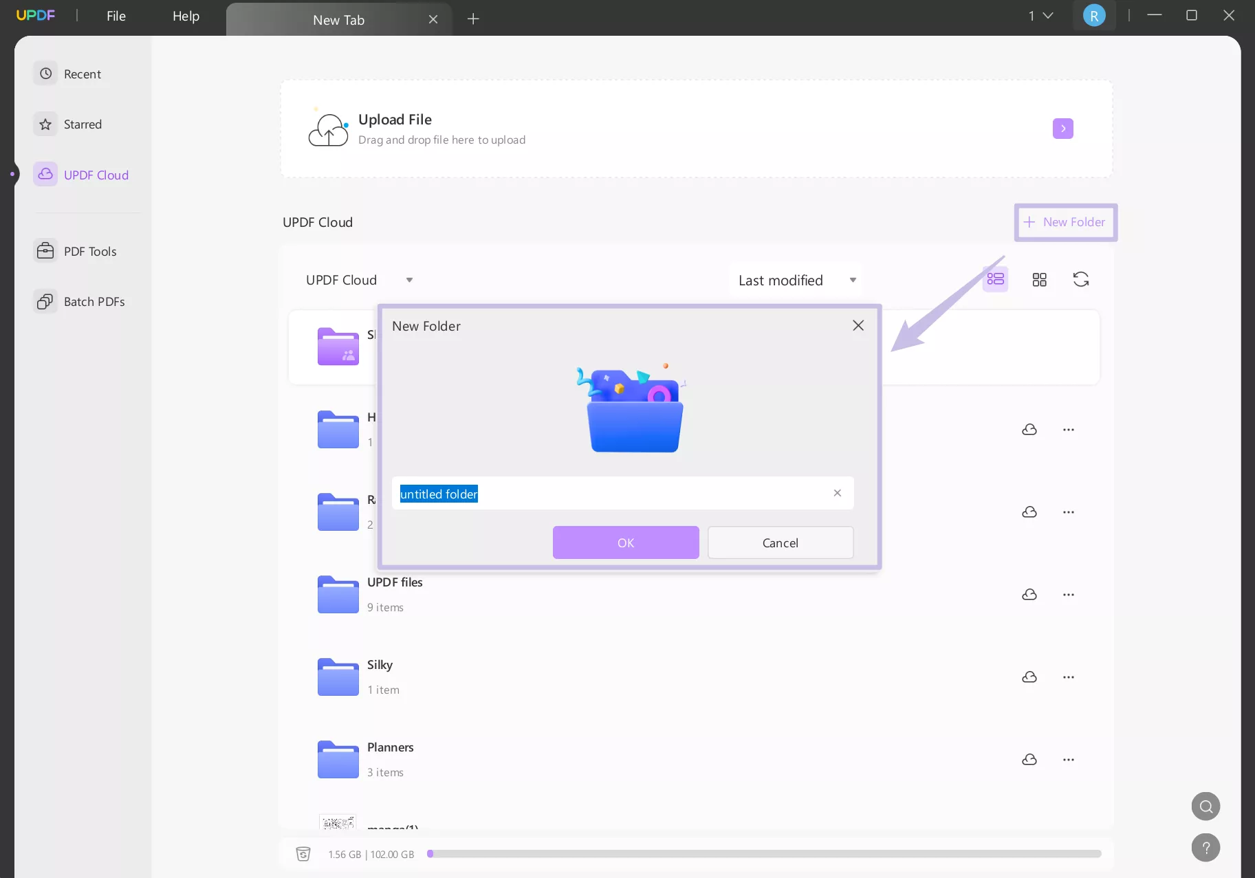 make new folder in updf cloud space