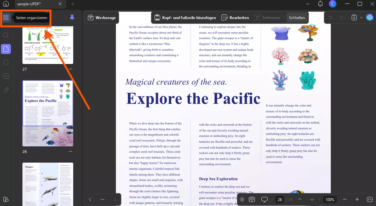 Öffnen Sie den Abschnitt „Seiten organisieren“ mit dem Updf windows 2.