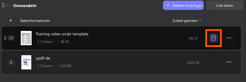 Datei über das Papierkorb-Symbol entfernen Batch-Konvertierung Windows 2