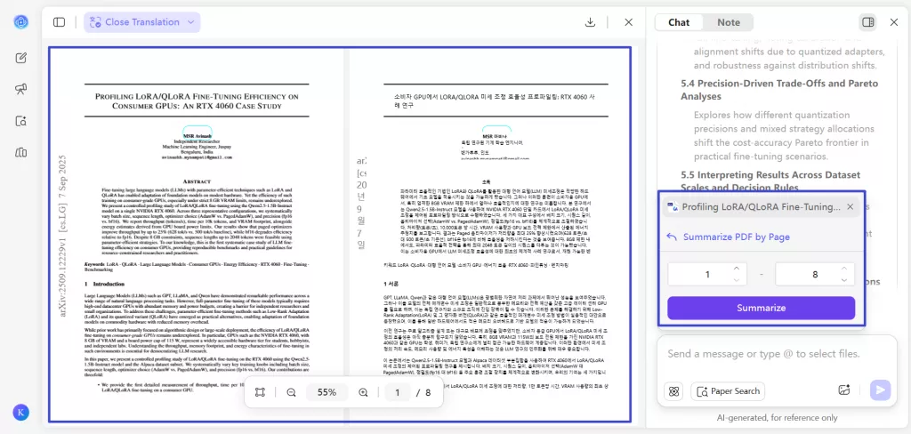 side by side translation and summarize by page