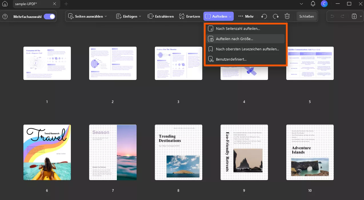 Option „Aufteilen“ in Updf windows 2