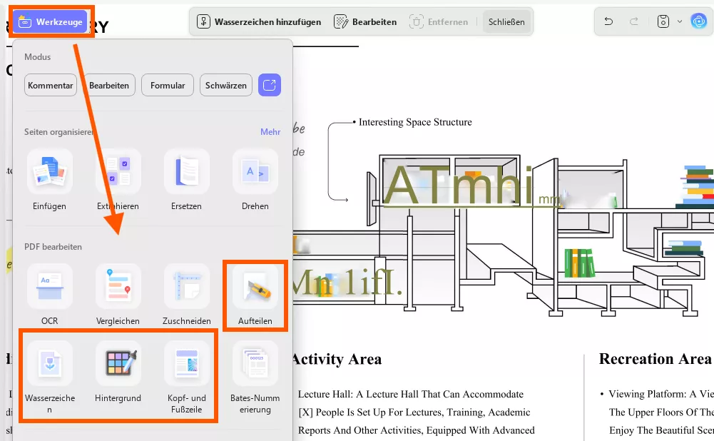 Voreinstellung für Wasserzeichen, Hintergrund, Kopf- und Fußzeile, Split
