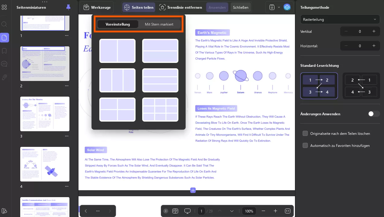 Wählen Sie die zu verwendende Split-Methode aus.
