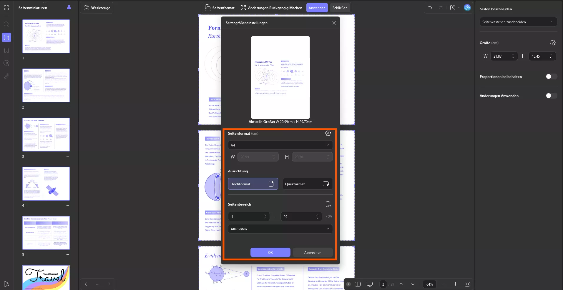 PDF-Seitengröße und -Ausrichtung auswählen