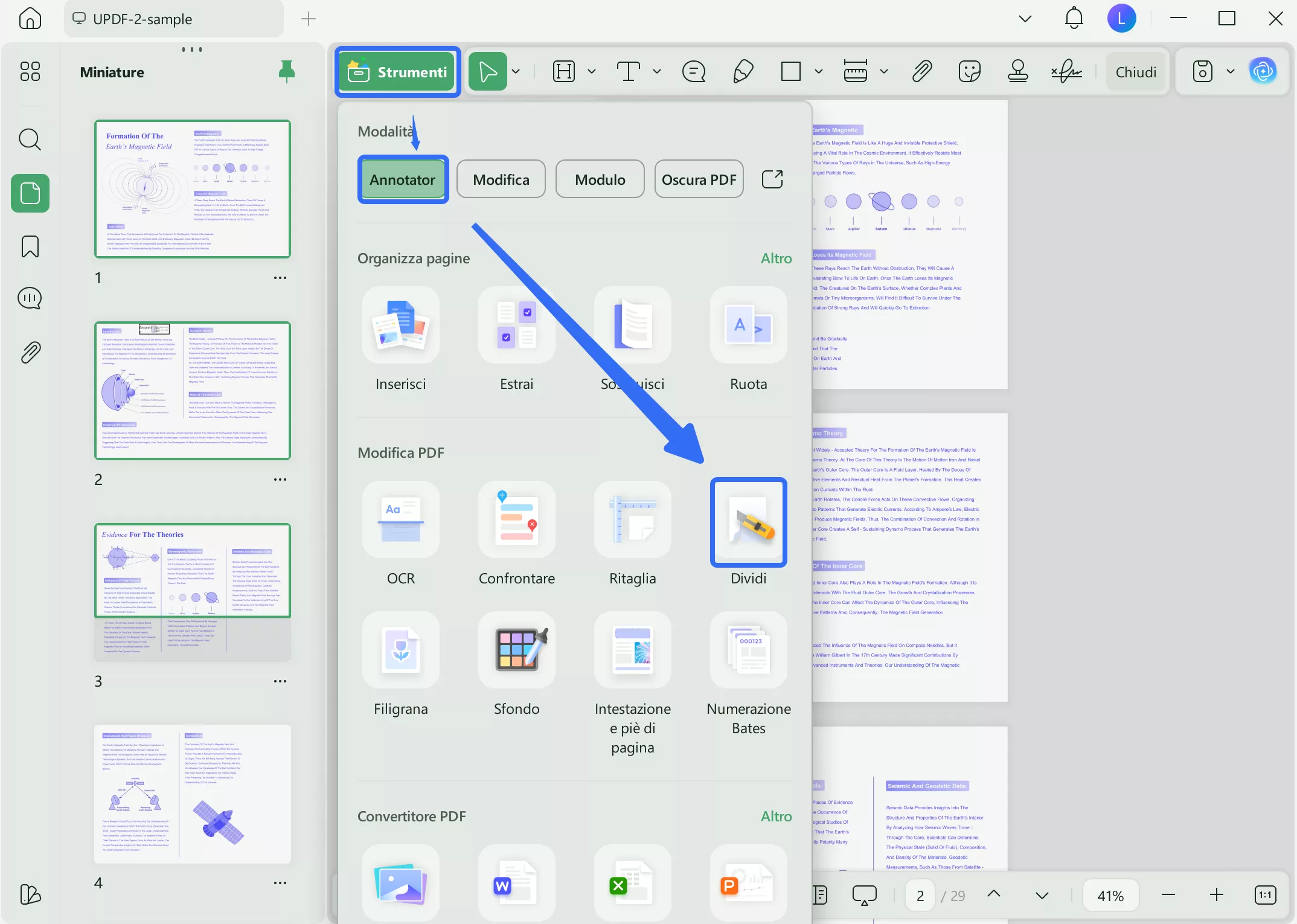 access split pages updf tool