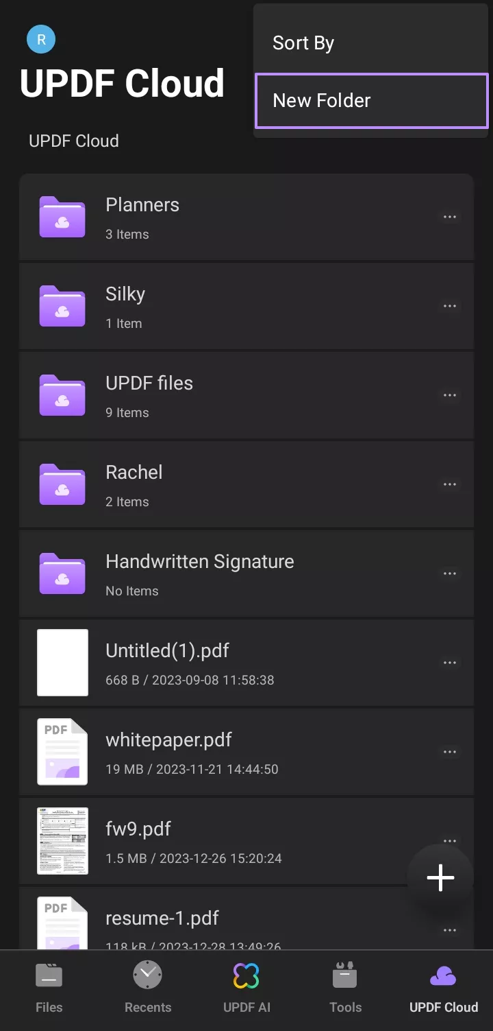 updf cloud new folder on mobile