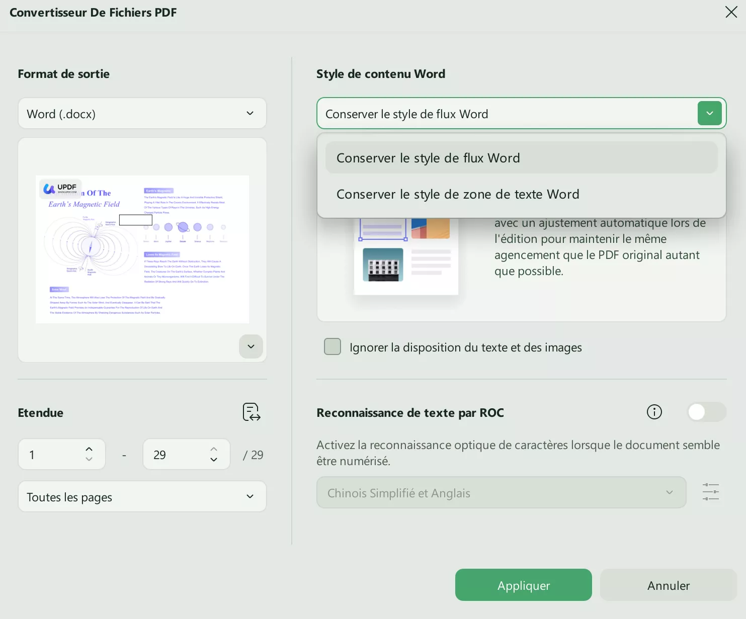 ajuster les paramètres de style de conversion updf windows