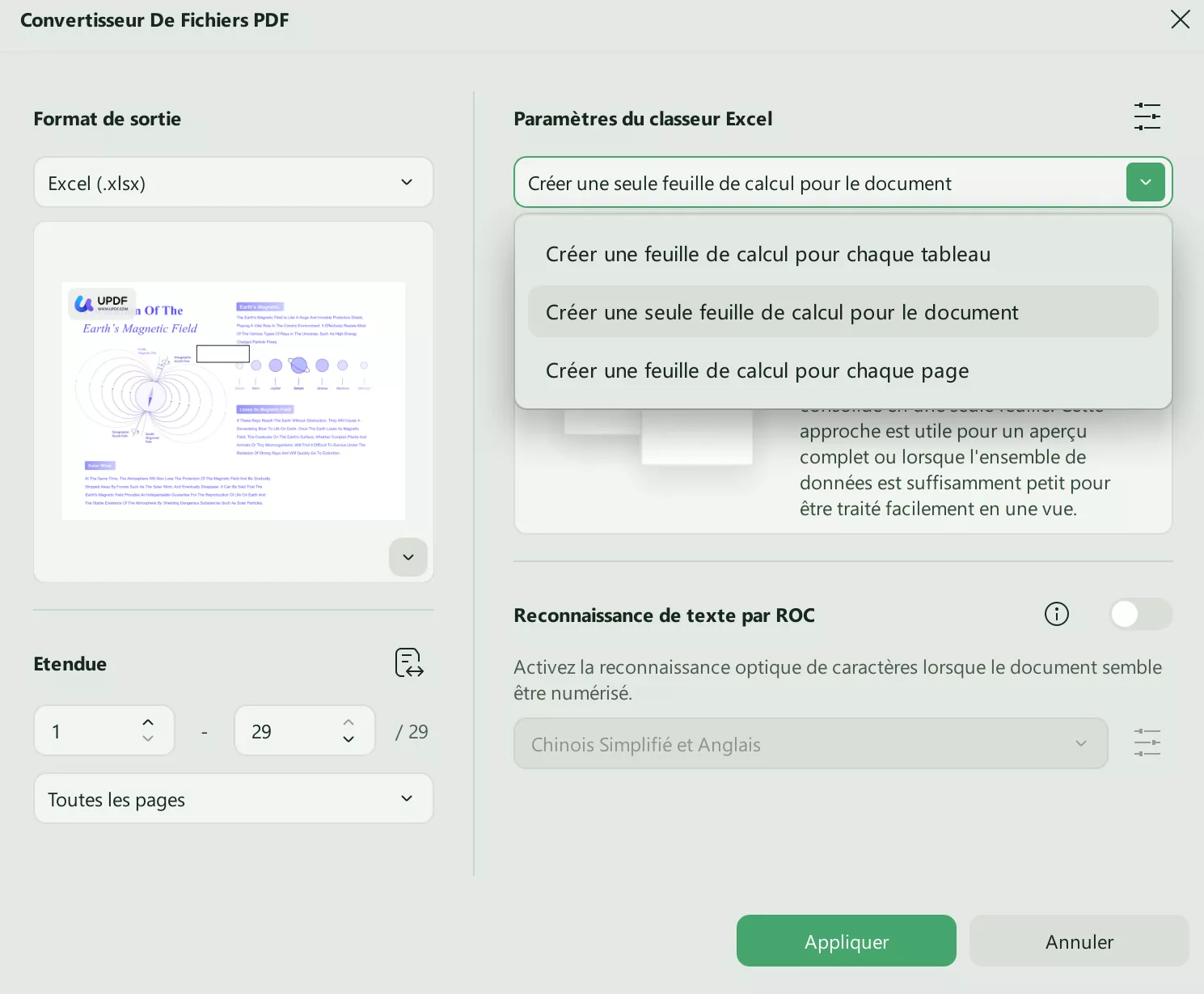 sélectionner les paramètres du classeur Excel updf windows 2