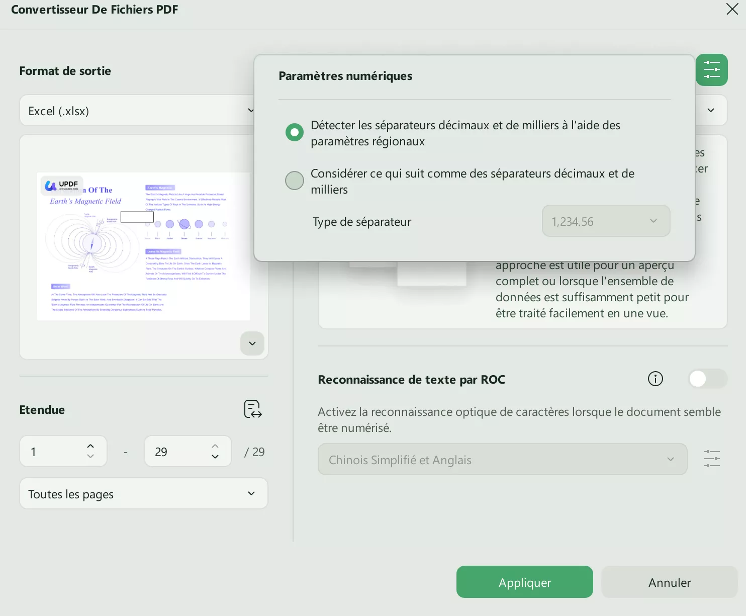 ajuster les paramètres numériques pour le fichier Excel updf Windows 2