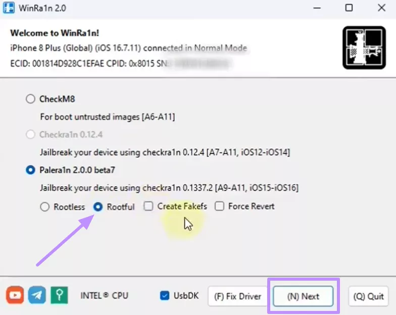 winra1nを通じてrootful jailbreakを開始する