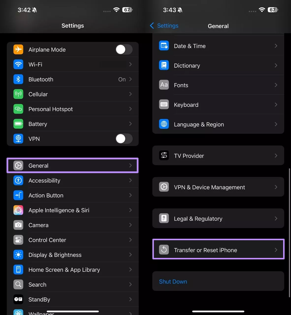 tap on transfer or reset iphone