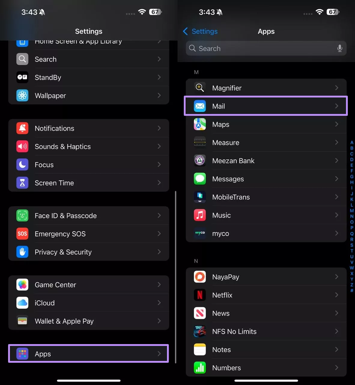 access the mail app settings