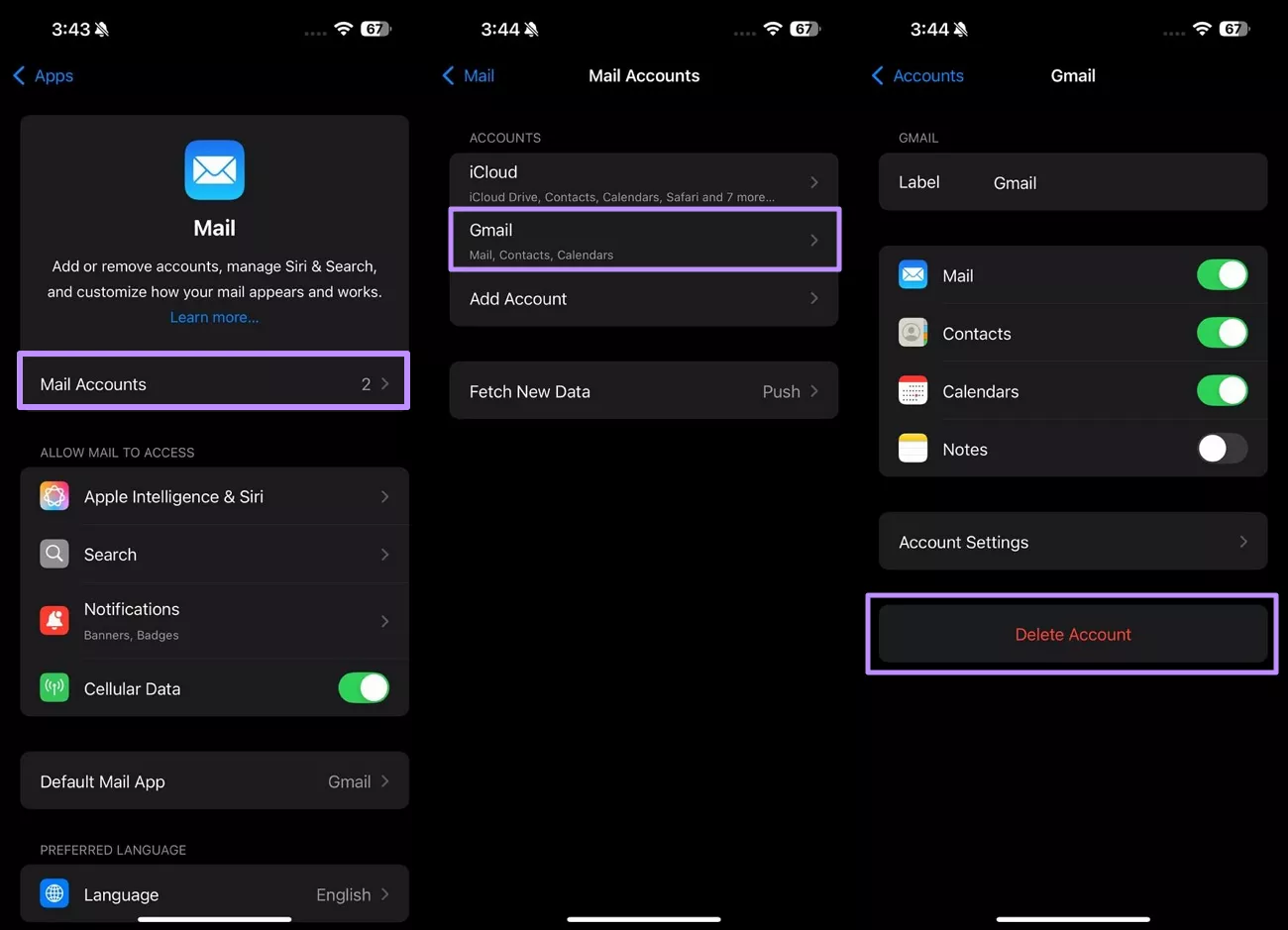 delete the mail account