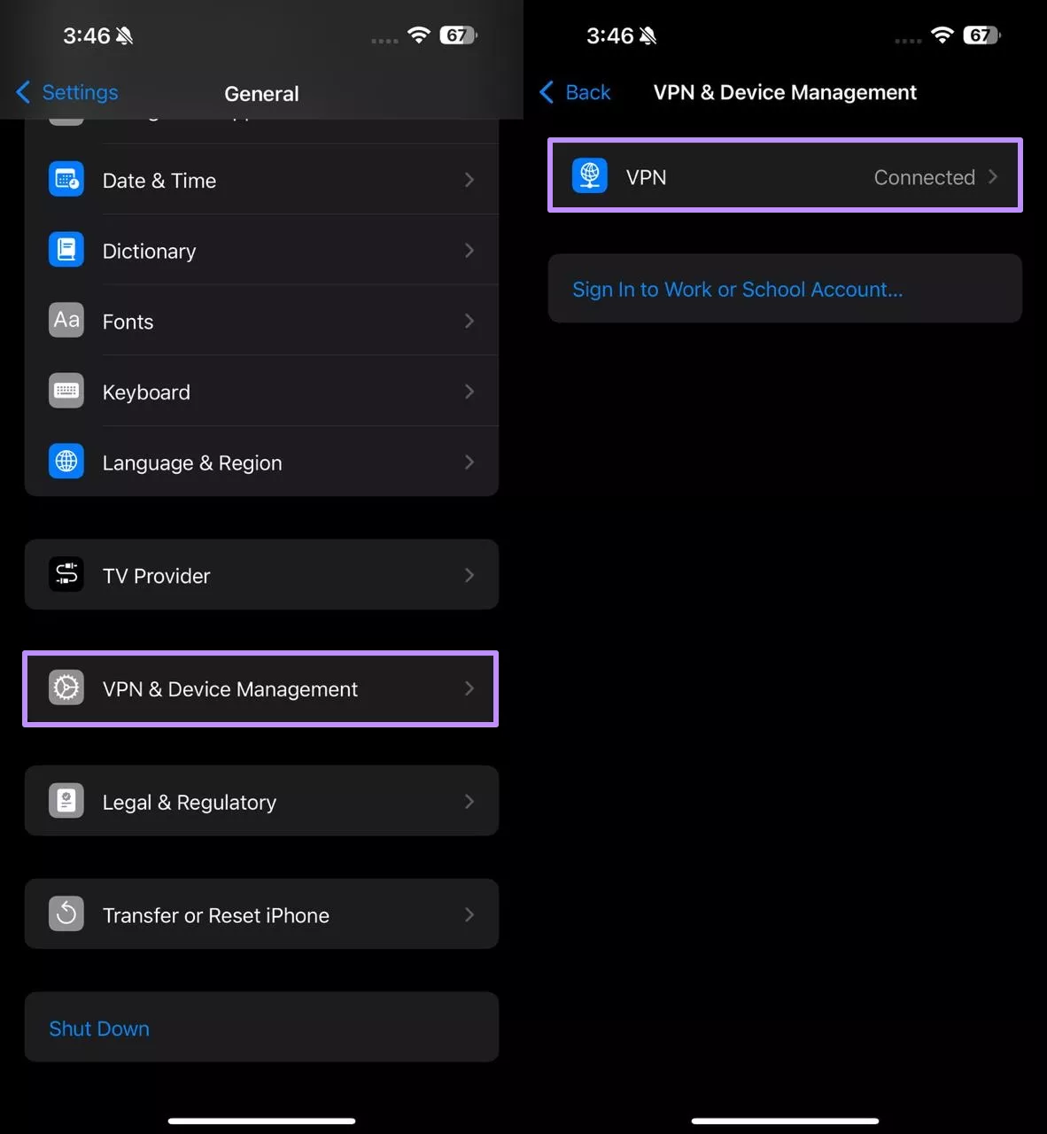 access vpn and device management settings