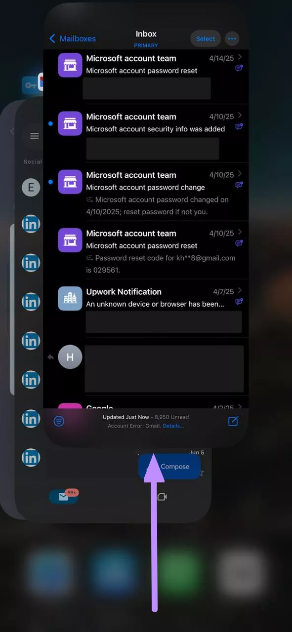 swipe up to force quit mail