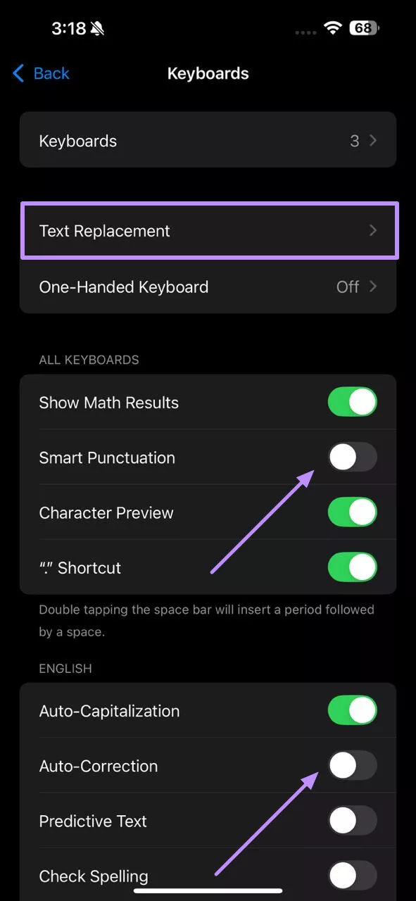 turn off smart punctuation and auto correction