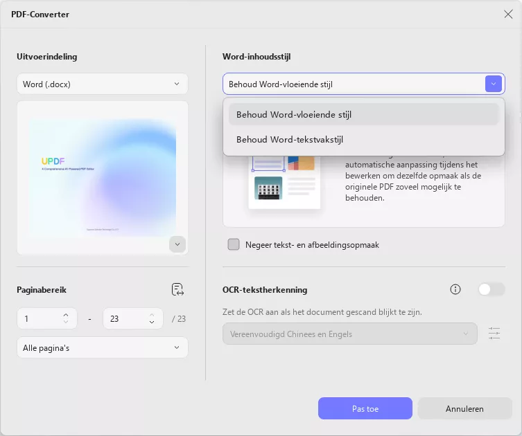 Stijlinstellingen voor het converteren van updf in Windows aanpassen