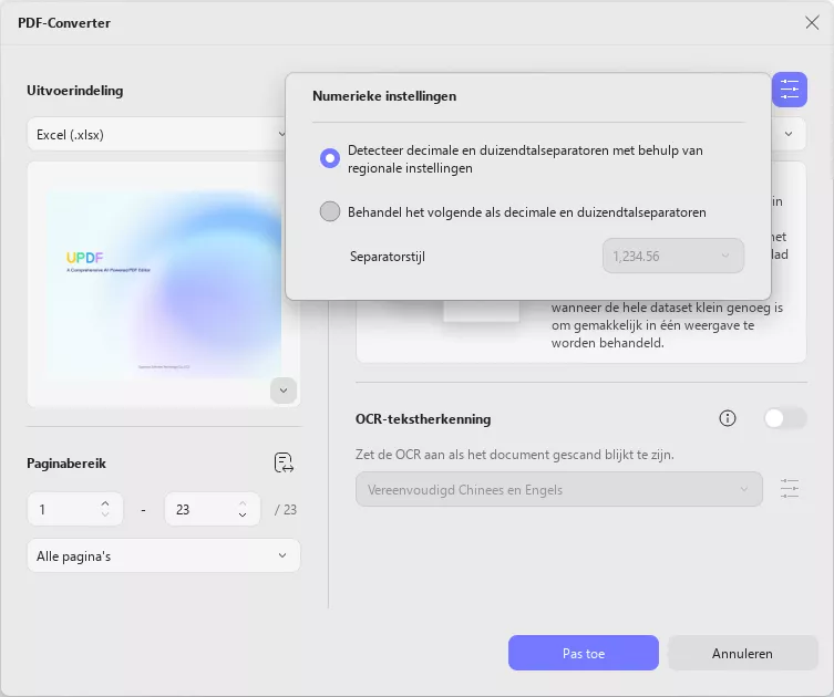 Numerieke instellingen aanpassen voor Excel-bestand UPDF Windows 2