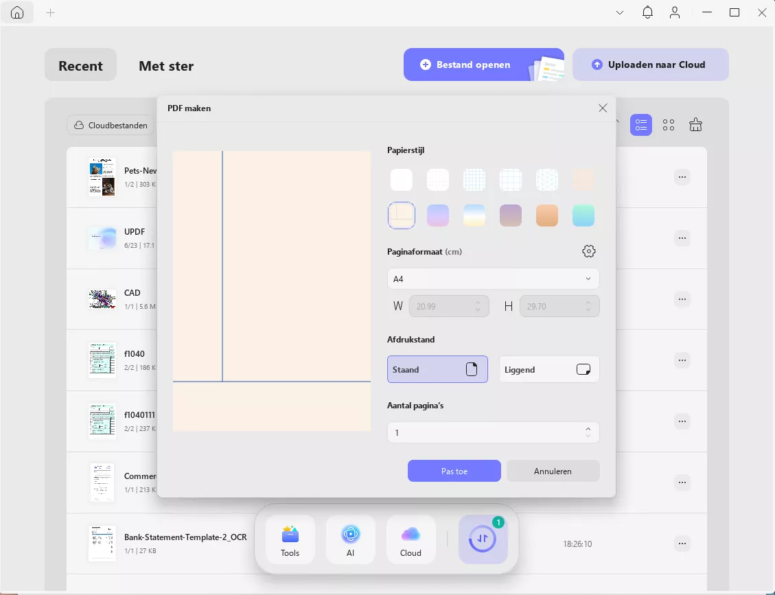 pdf maken met voorkeursinstellingen