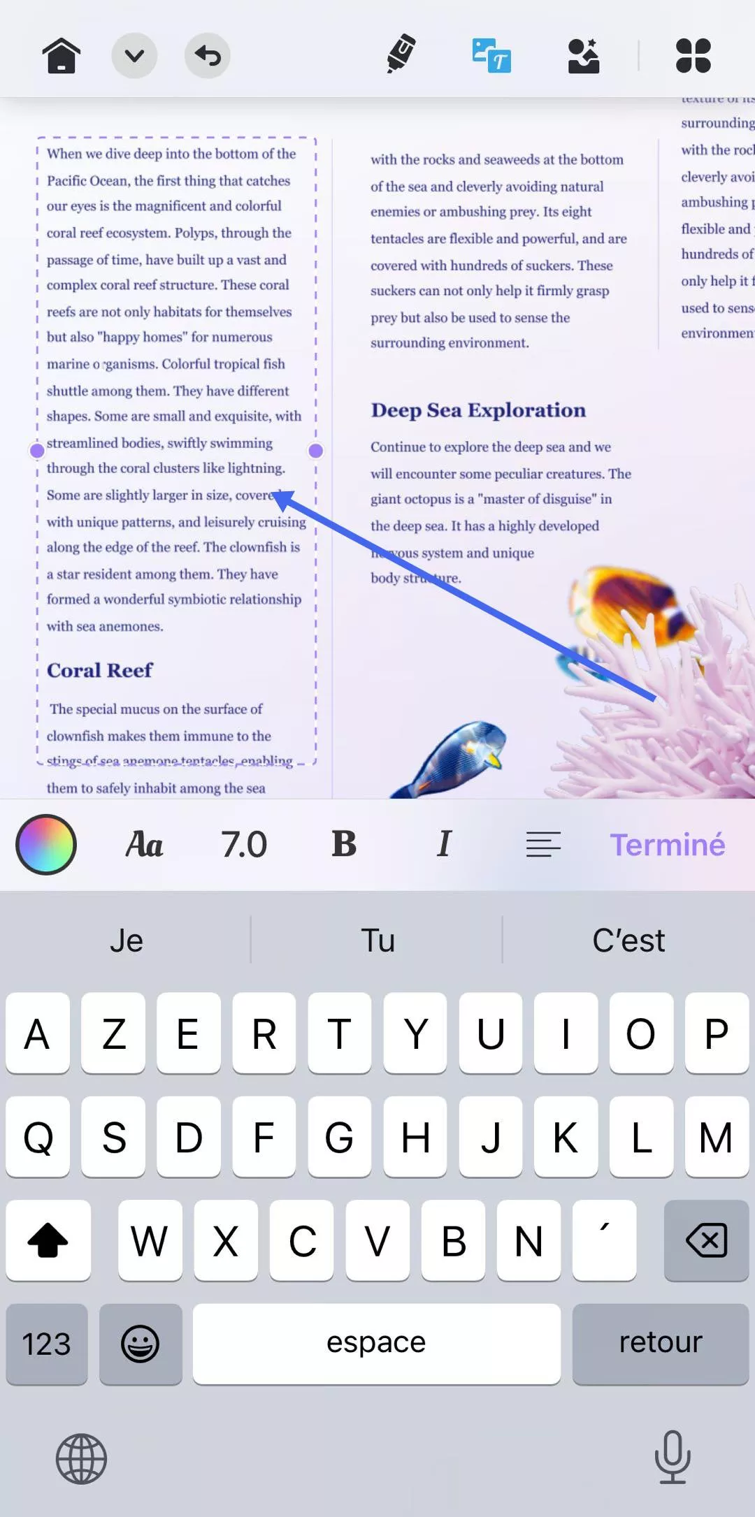 maintenir le texte pour le modifier et le barrer