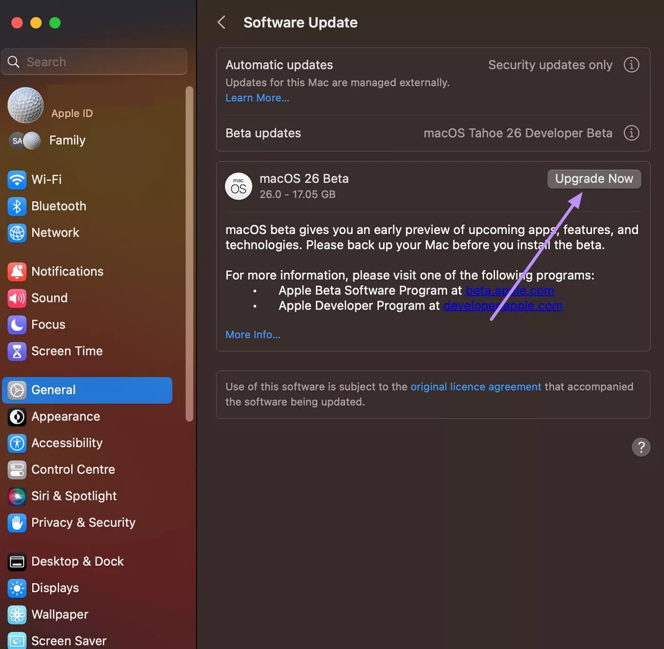 hit upgrade now button for macos 26