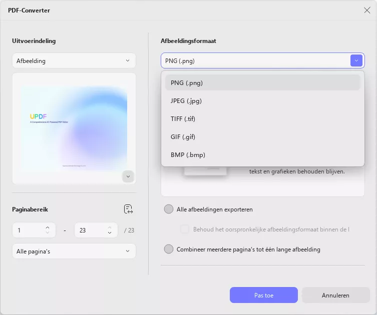 Lay-outinstellingen voor afbeeldingconversie updf windows 2.