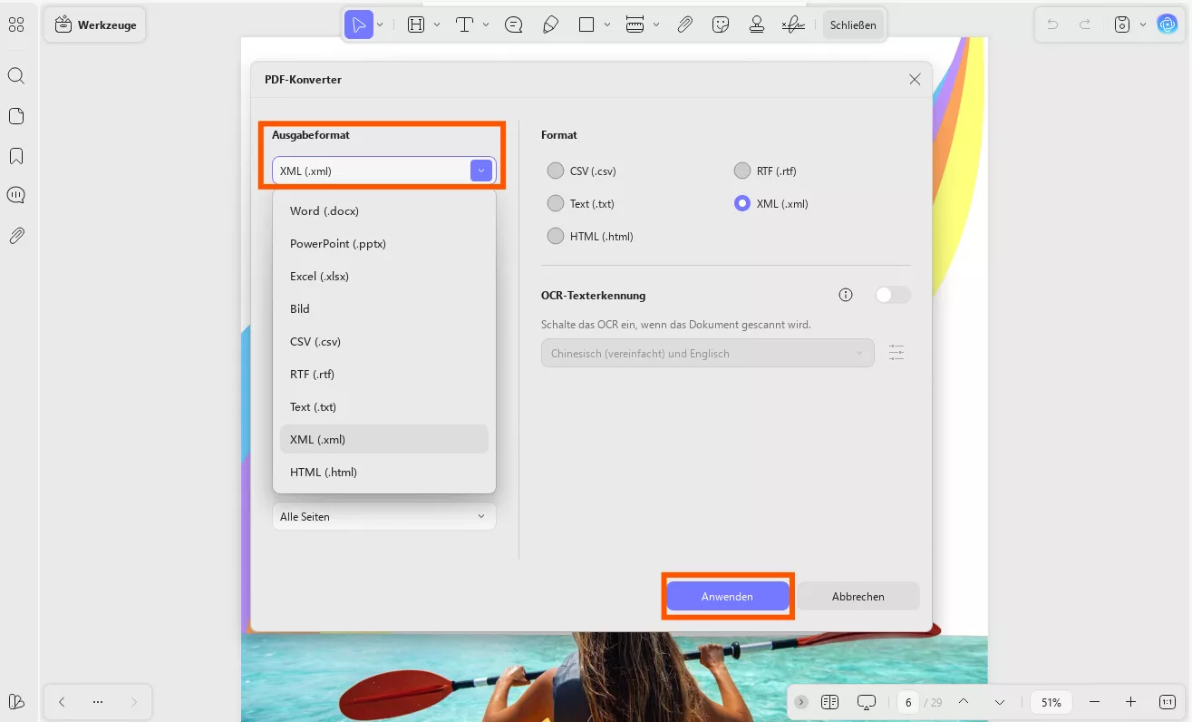 PDF in xml Einstellugen
