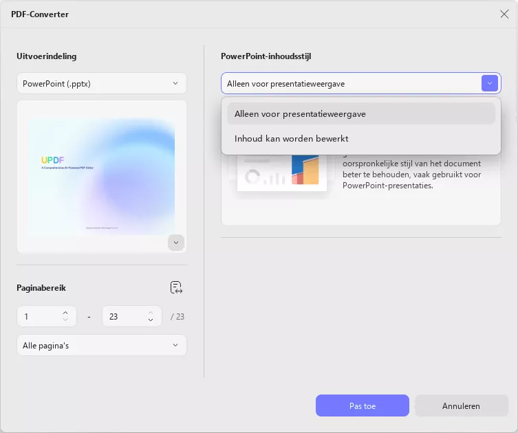Selecteer conversie-instellingen voor ppt updf windows 2