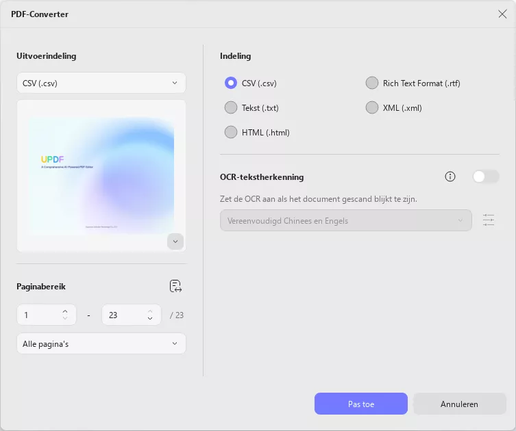 Selecteer het bestandsformaat en klik op Toepassen updf windows 2