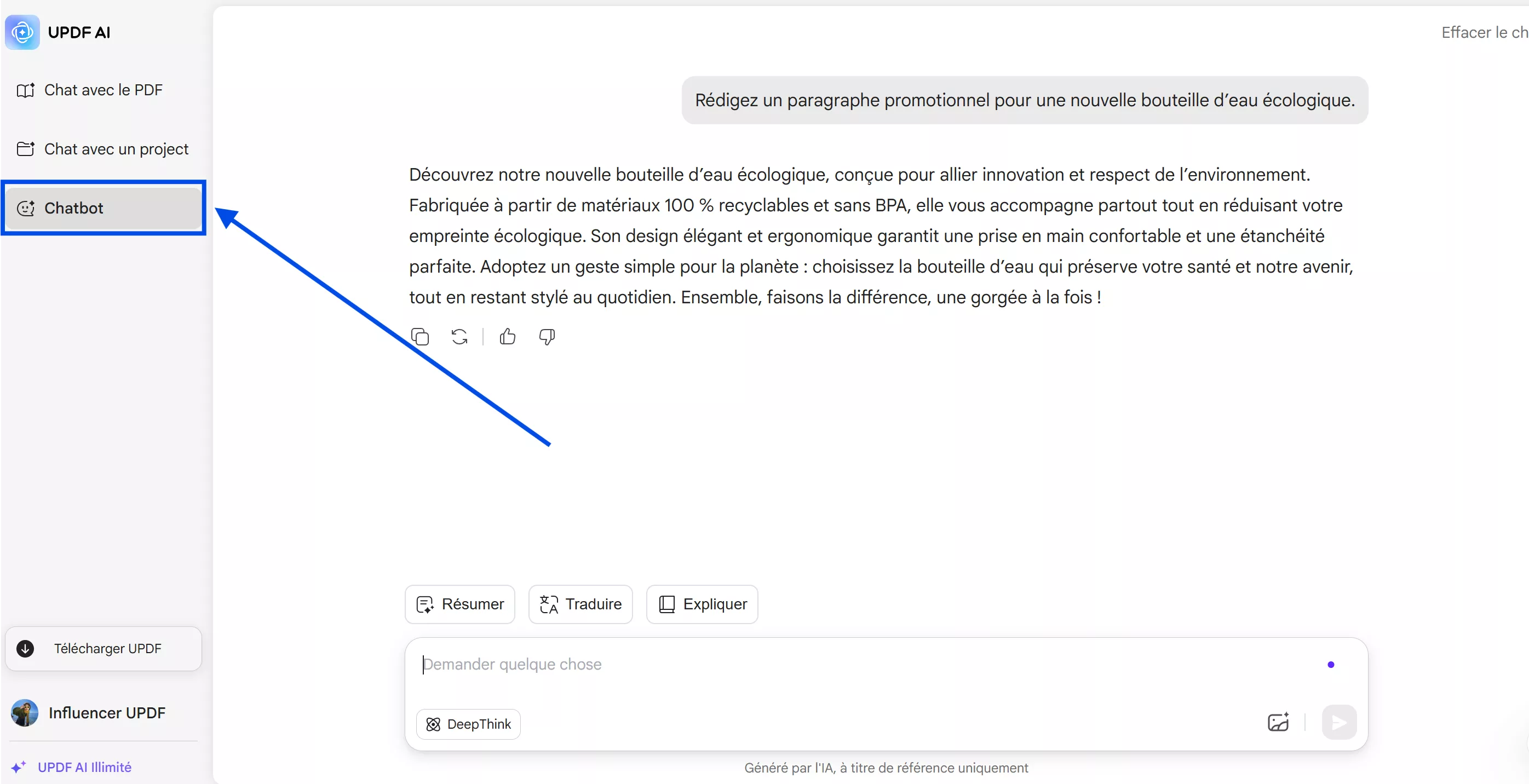 saisir des invites en mode chatbot updf ai en ligne