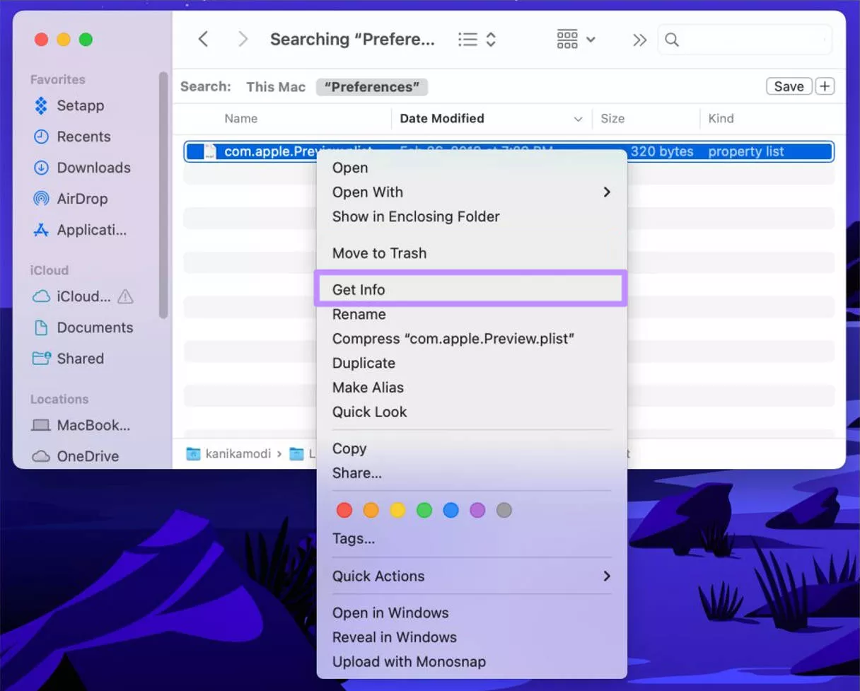 access the get info option mac