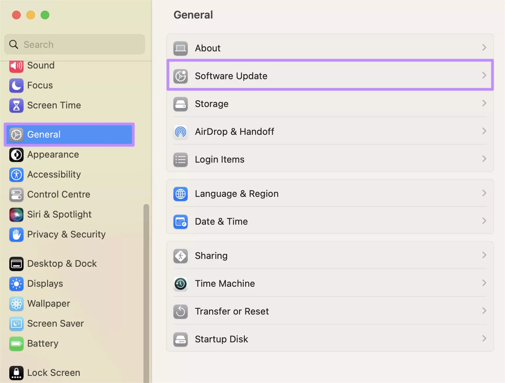 access the software update screen mac