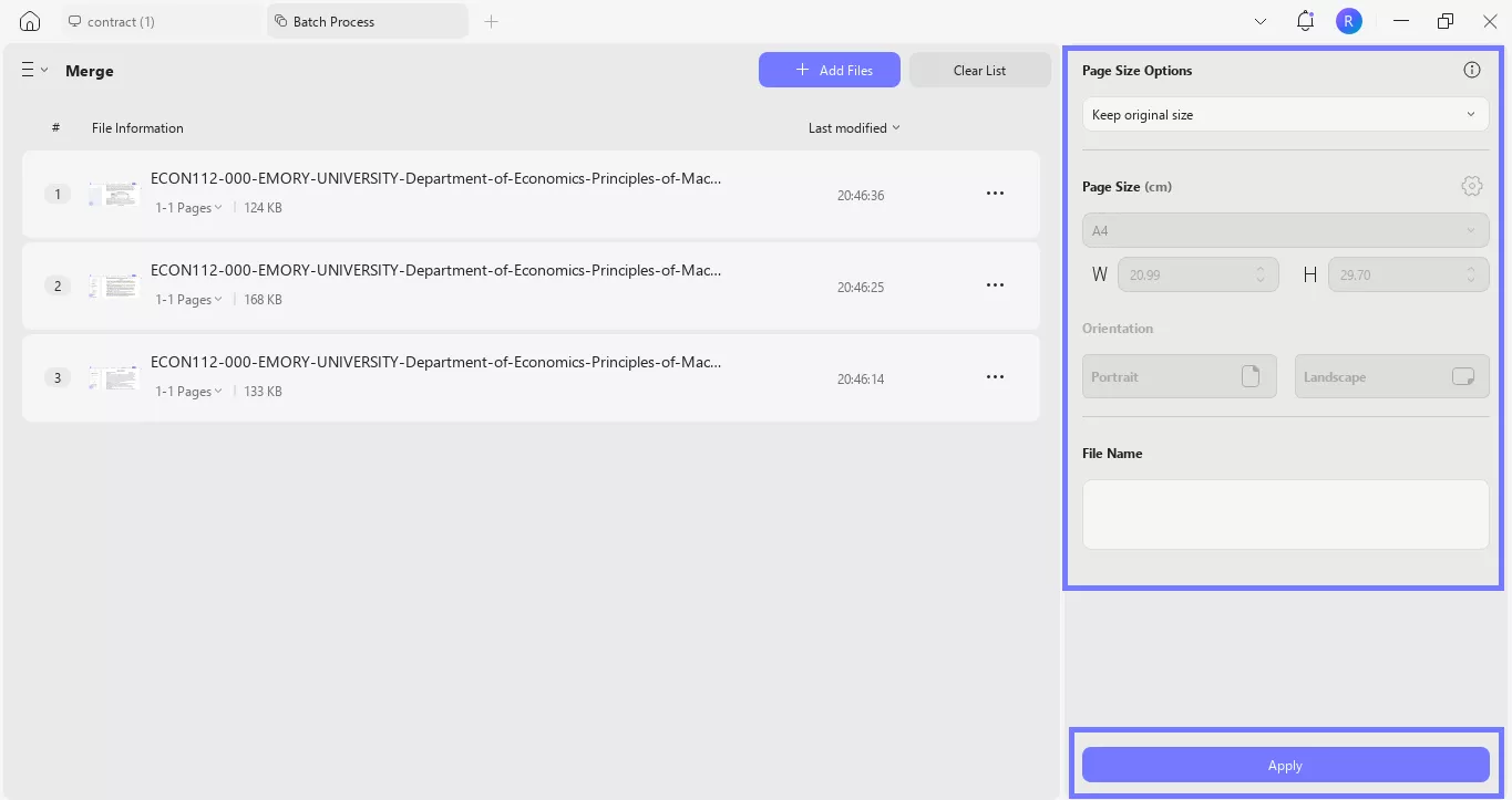 add file name and click apply to merge updf windows