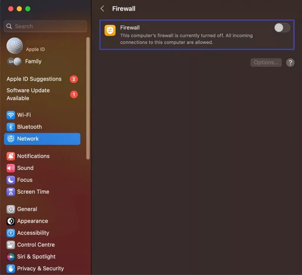 toggle off firewall option