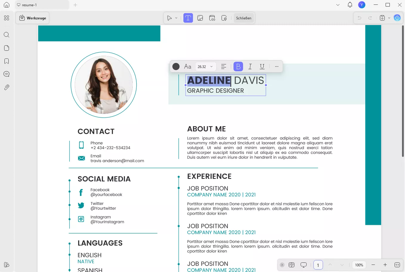 Lebenslauf mit den Bearbeitungstools von UPDF bearbeiten