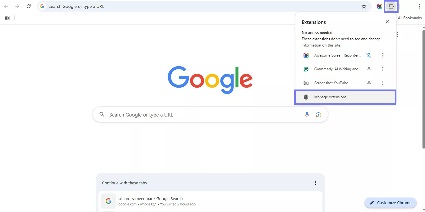 go to manage extensions chrome