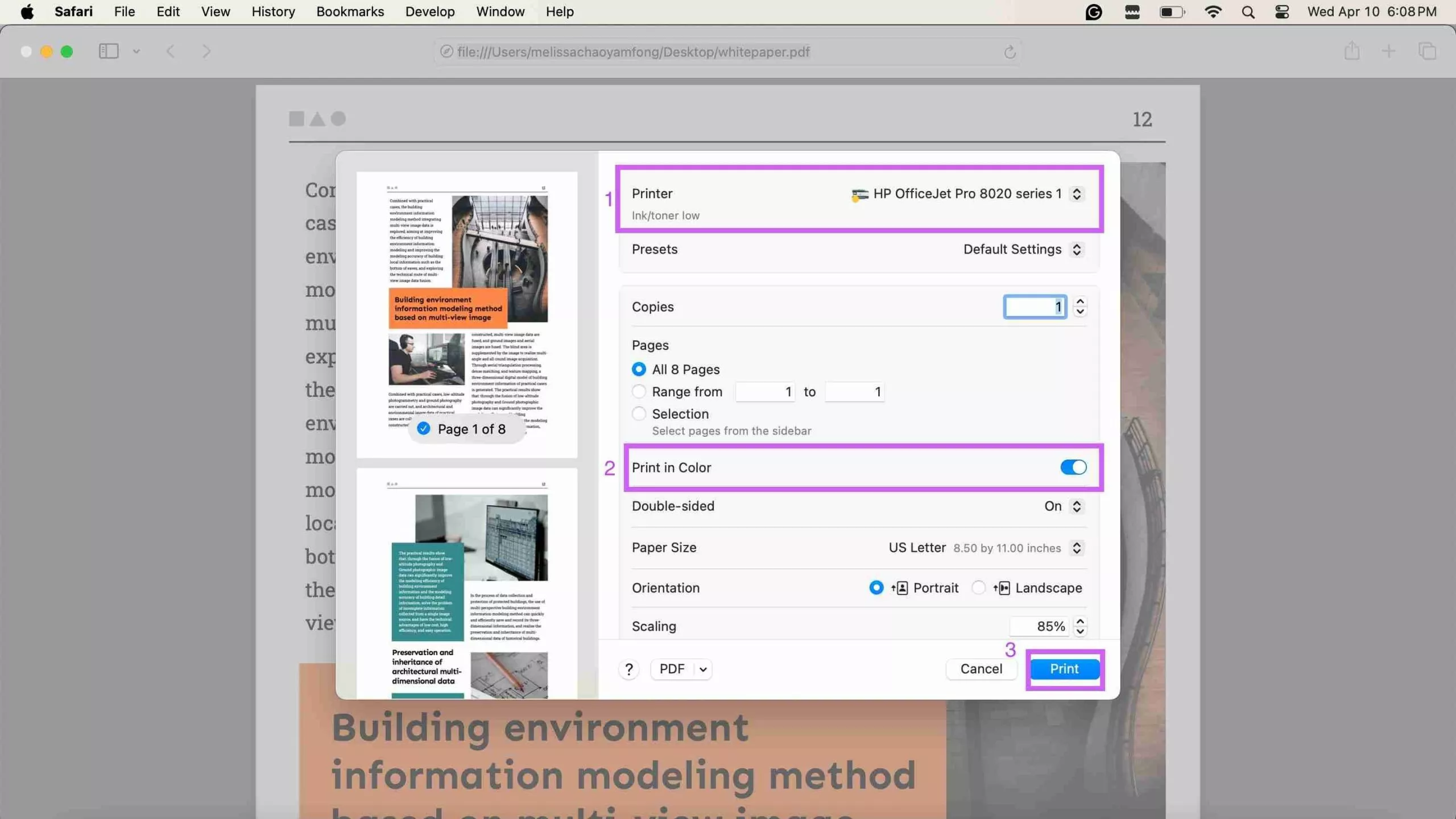 print pdf in color safari check