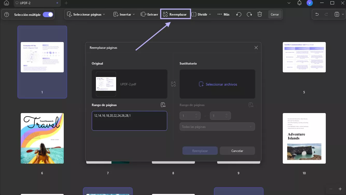 Reemplazar página en uPDF Windows 2