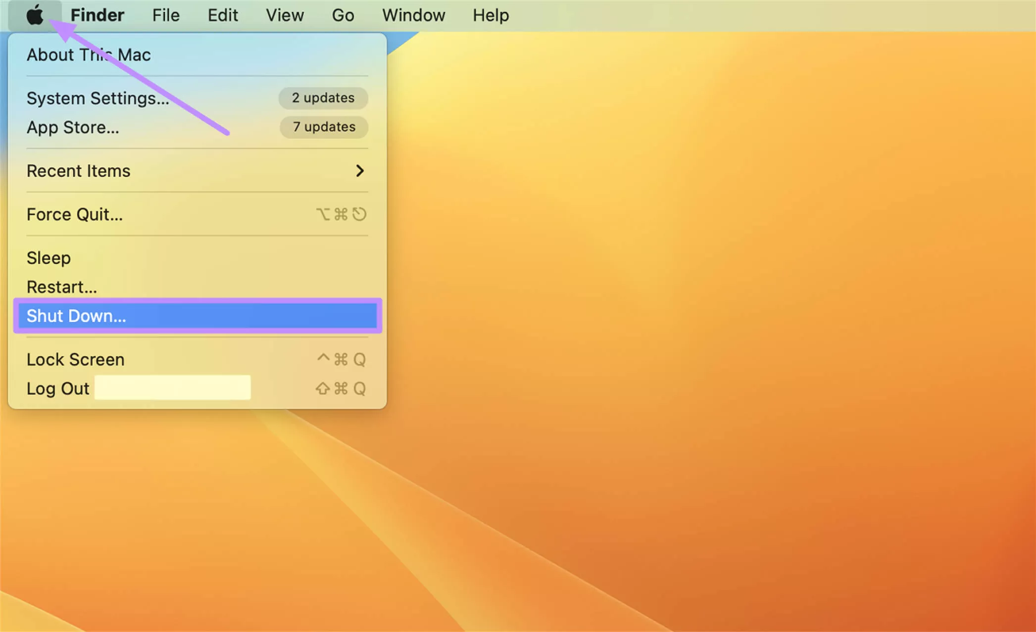tap on shut down option mac
