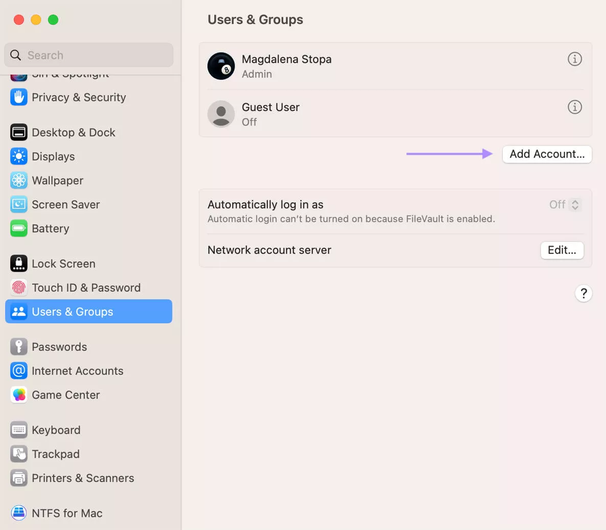add accounts in users and groups mac