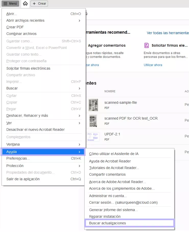 Buscar actualizaciones en Acrobat