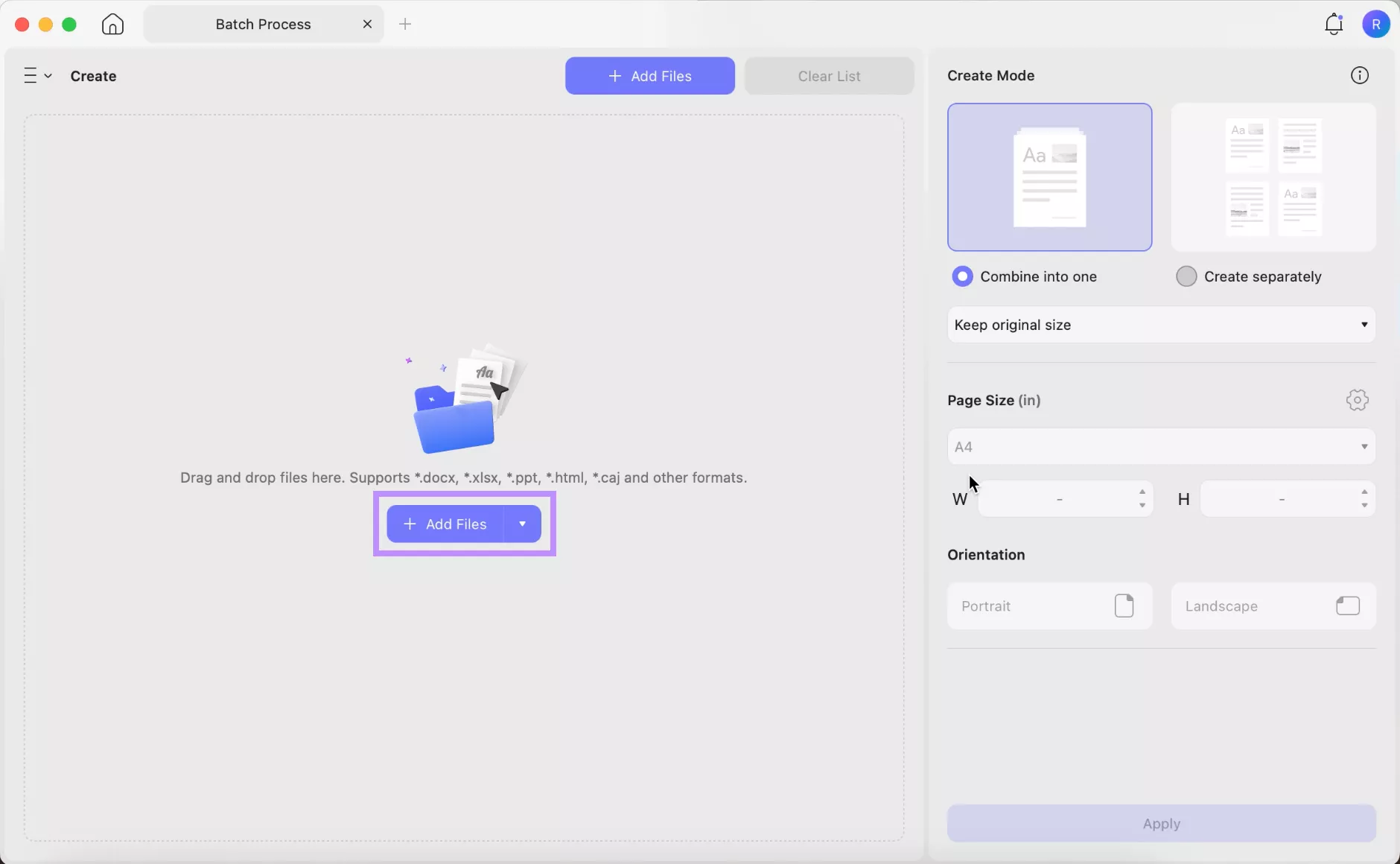 click add files in updf mac for batch creating