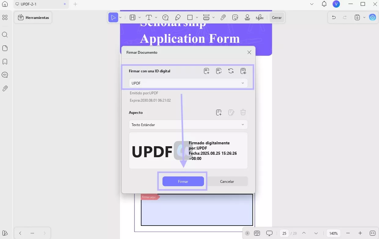 Crear firma digital en UPDF